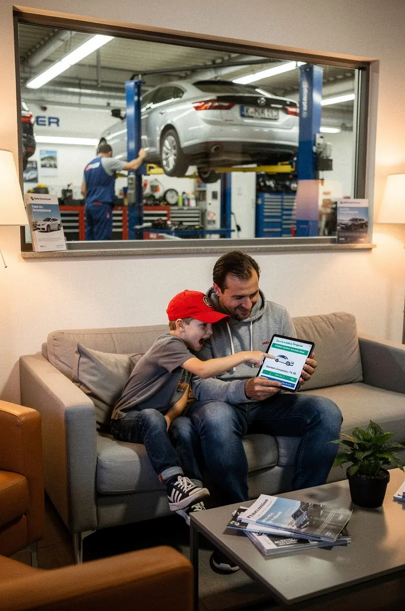 Techniker prüft transparentes Festpreisangebot für routinemäßige Autoreparaturen in lokaler Werkstatt.